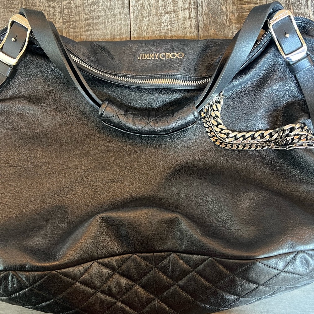 Jimmy Choo Black Quilted Shoulder Bag EUC 11x16x6 silver accent chains charms - Picture 2 of 15